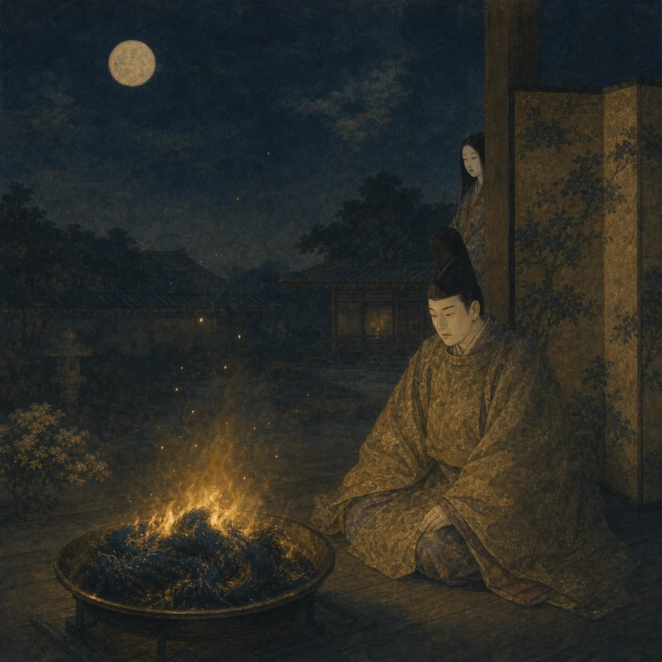 火鼠の裘が庭の火鉢で静かに燃え、阿倍御主人が座ったままそれを見つめ、かぐや姫が屏風の陰から見ている