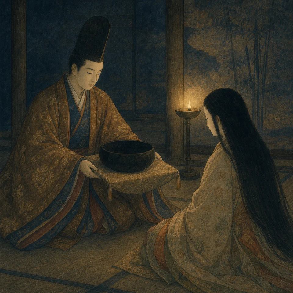 石作皇子が煤けた黒い石の鉢を錦の布に載せて差し出し、かぐや姫が光のない鉢を見つめている